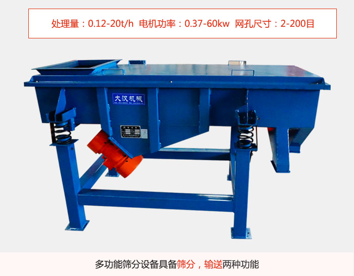 單層直線振動篩特點處理量：0.12-20t/h  電機功率：0.37-60kw  網(wǎng)孔尺寸：2-200目，多功能篩分設(shè)備具備篩分，輸送兩種功能。