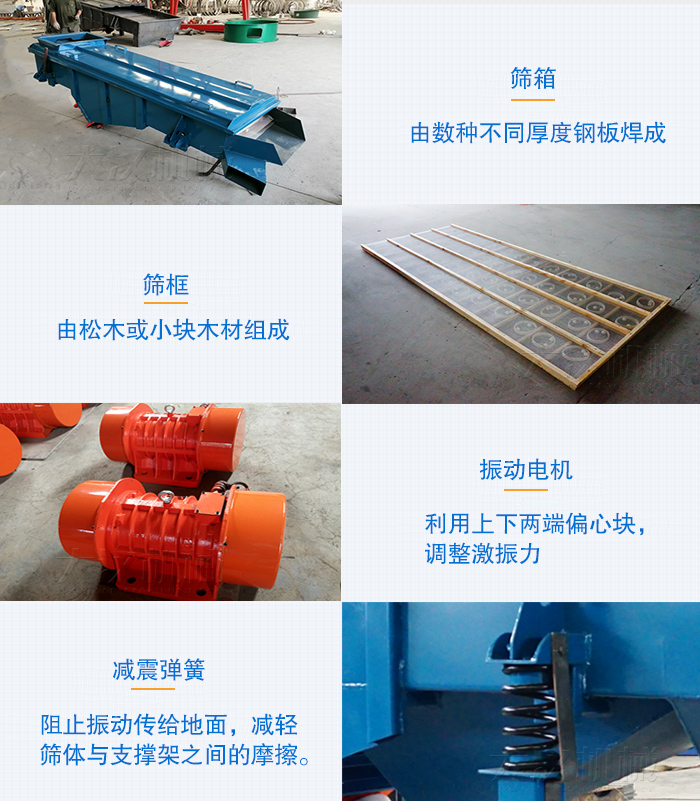 小型直線篩篩箱，篩框，振動(dòng)電機(jī)，彈簧等部件圖片展示